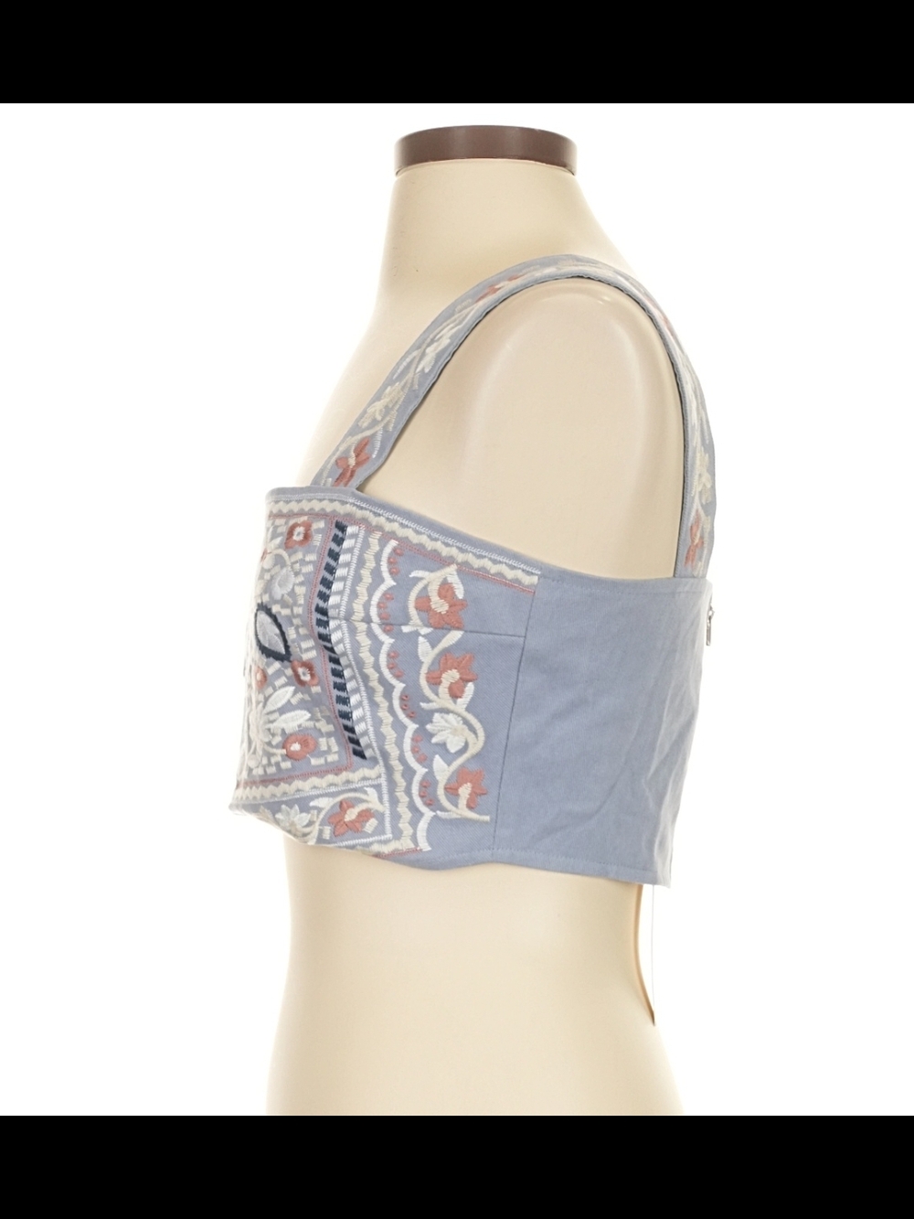 Embroidered Square-Neck Crop Top - Light Blue - Picture 2 of 5